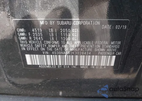 2019 Subaru Legacy 2.5I Sport z USA, uszkodzony, nr VIN 4S3BNAS62K3028434